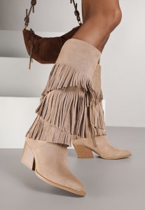 Ciemnobeżowe Kozaki Typu Kowbojki na Stożkowym Obcasie z Frędzlami Acirrive
