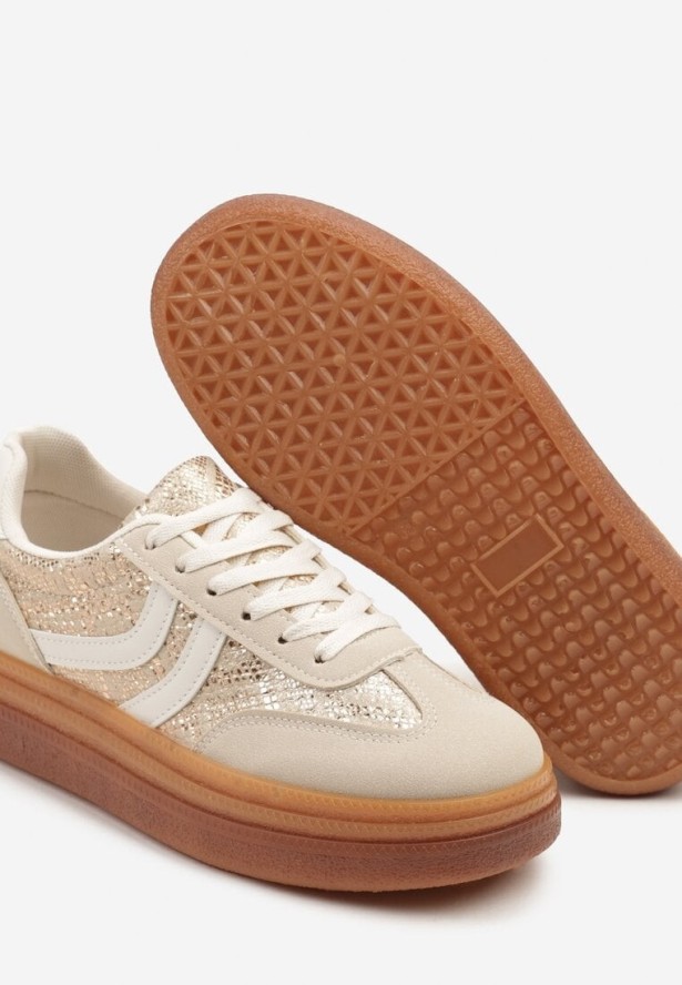 Beżowe Wężowe Sneakersy w Stylu Klasycznych Tenisówek na Grubej Podeszwie Grelritia