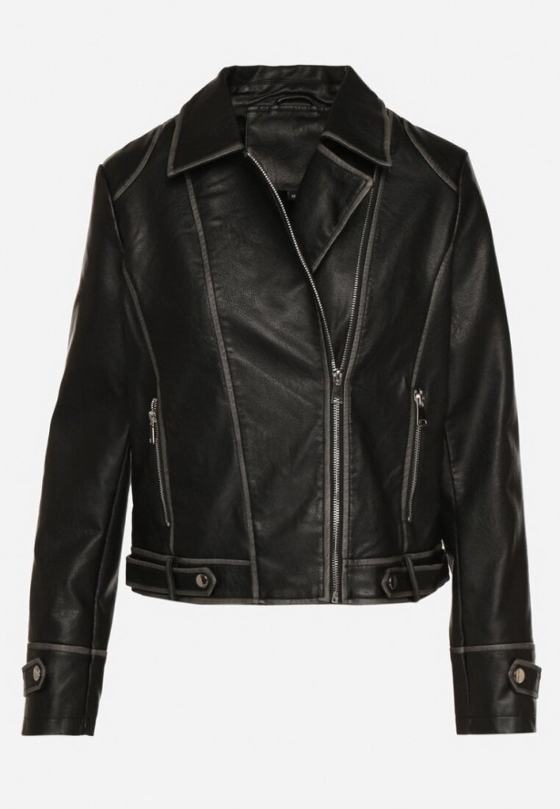 Czarna Kurtka Ramoneska z Nitami i Ozdobnymi Przeszyciami Adivila