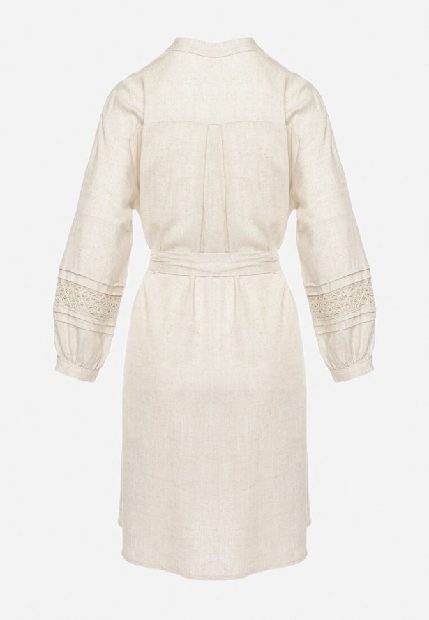 Beżowa Sukienka Koszulowa Zapinana na Guziki z Paskiem w Talii i Ozdobnym Rękawem Rigaudona