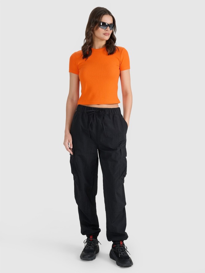 4F T-shirt slim z waflowej dzianiny damski - pomarańczowy S