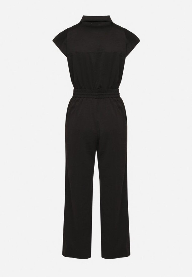 Czarny Kombinezon na Krótki Rękaw z Kołnierzykiem i Zapięciem na Suwak Kareldi