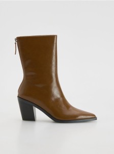 Skórzane botki na obcasie - bursztynowy