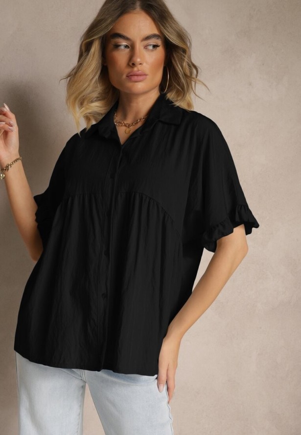 Czarna Koszula z Wiskozą Ozdobiona Falbankami Oleldi