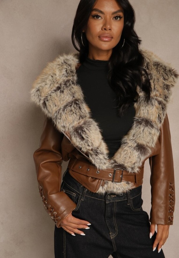 Brązowa Kurtka Ramoneska z Kapturem z Futrem z Możliwością Odpięcia Aplinna