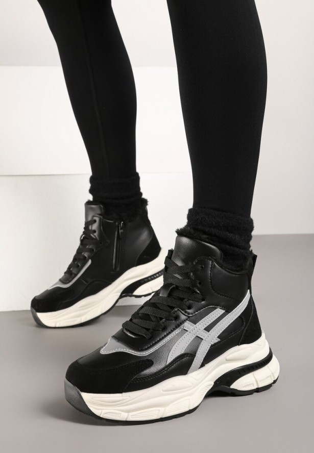 Czarne Sneakersy za Kostkę na Grubej Podeszwie Luntris