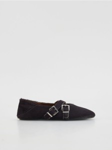 Skórzane baleriny z włosem - bordowy