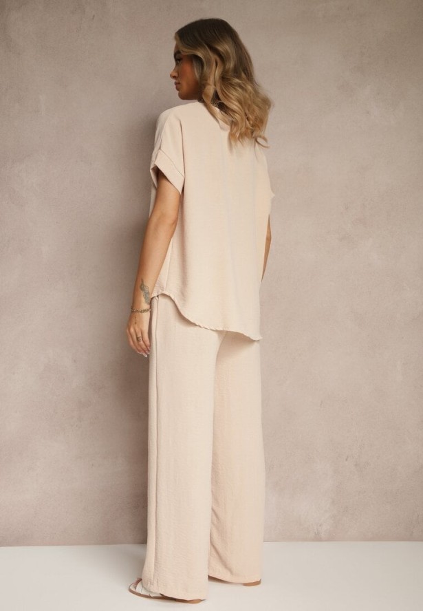 Jasnobeżowy Komplet Bluzka i Luźne Spodnie z Wiskozą i Kieszonkami Efraria