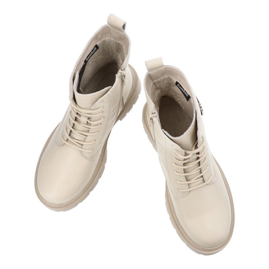 Beżowe Botki Cambell Ocieplane Obuwie Damskie Z Ozdobą