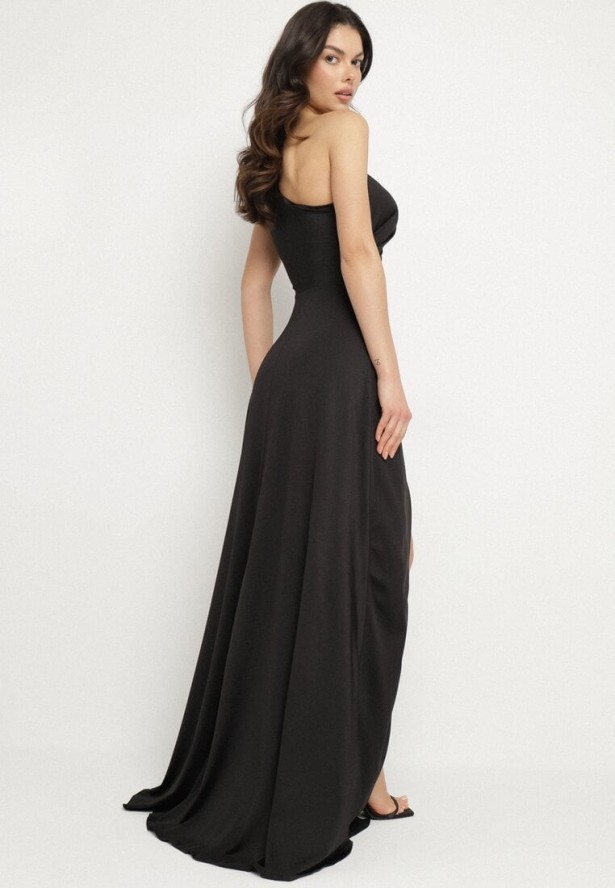 Czarna Sukienka na Jedno Ramię z Marszczeniem i Rozcięciem Talirisa