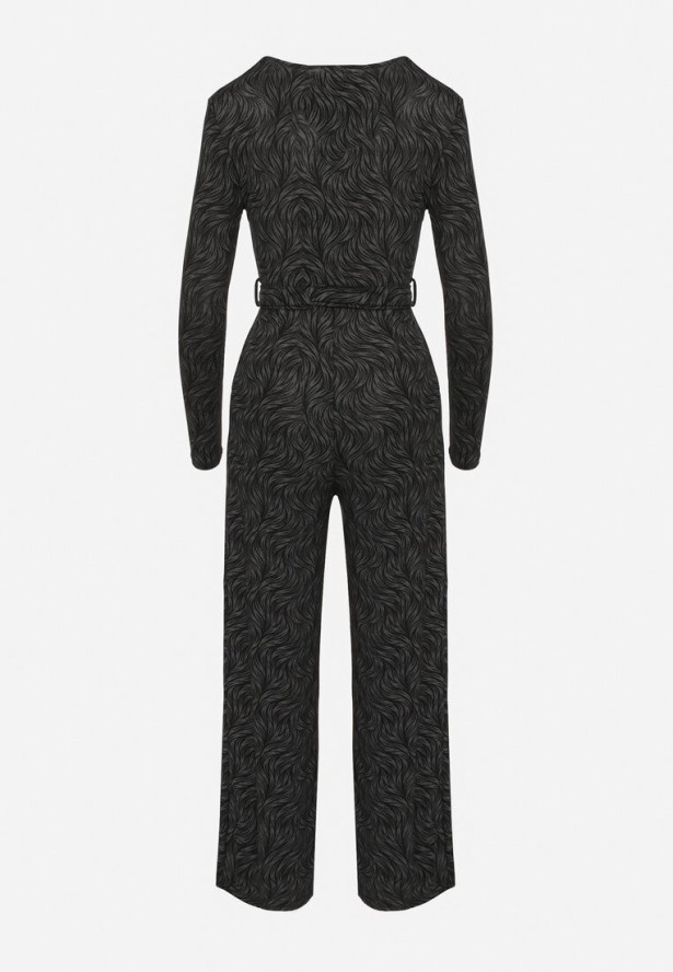 Czarny Kombinezon z Wiskozą o Kopertowym Kroju z Paskiem Zdobiony Metaliczną Nicią Loradi