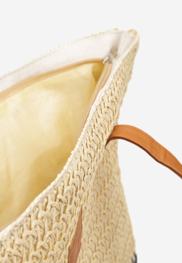 Beżowo-Granatowa Torebka Boho z Papierowej Plecionki o Fasonie Tote na Suwak Jabba