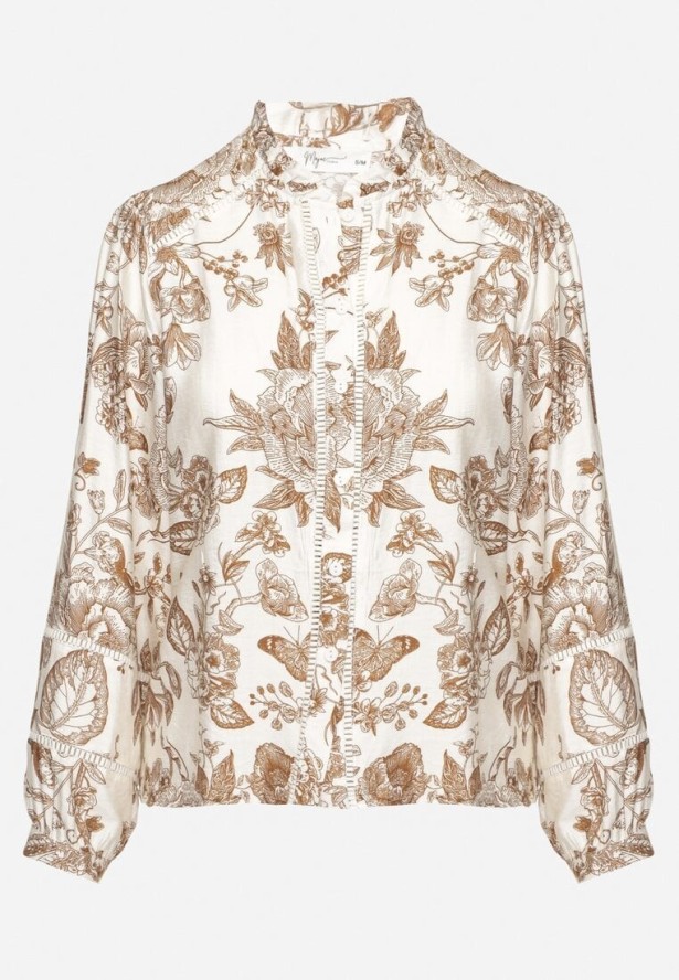 Beżowa Koszula z Wiskozy z Bufiastymi Rękawami w Kwiatowy Wzór Melhanor