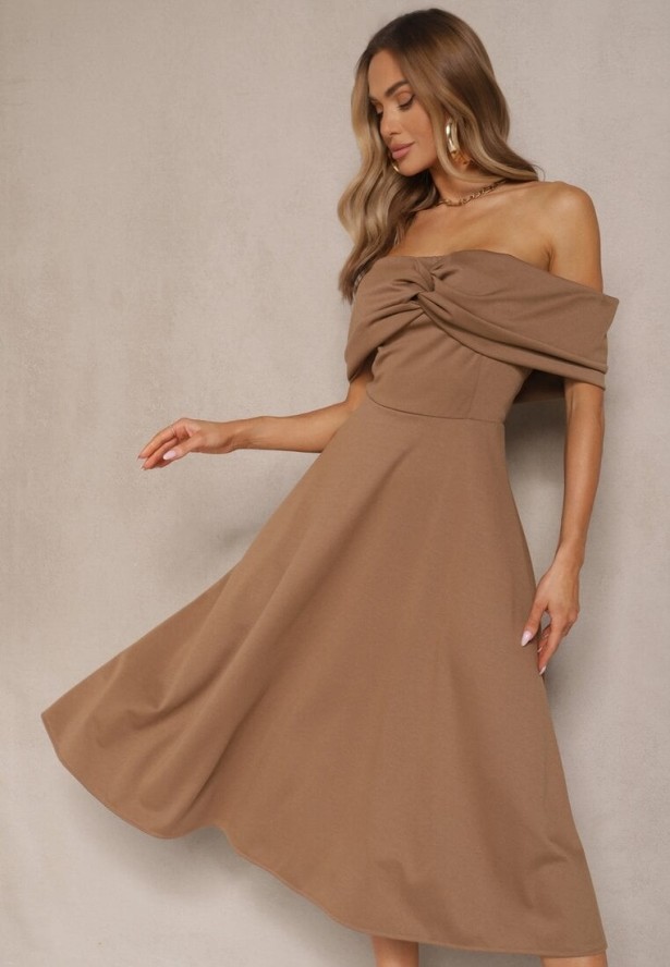 Brązowa Sukienka Rozkloszowana Ozdobiona Kokardą Odarra