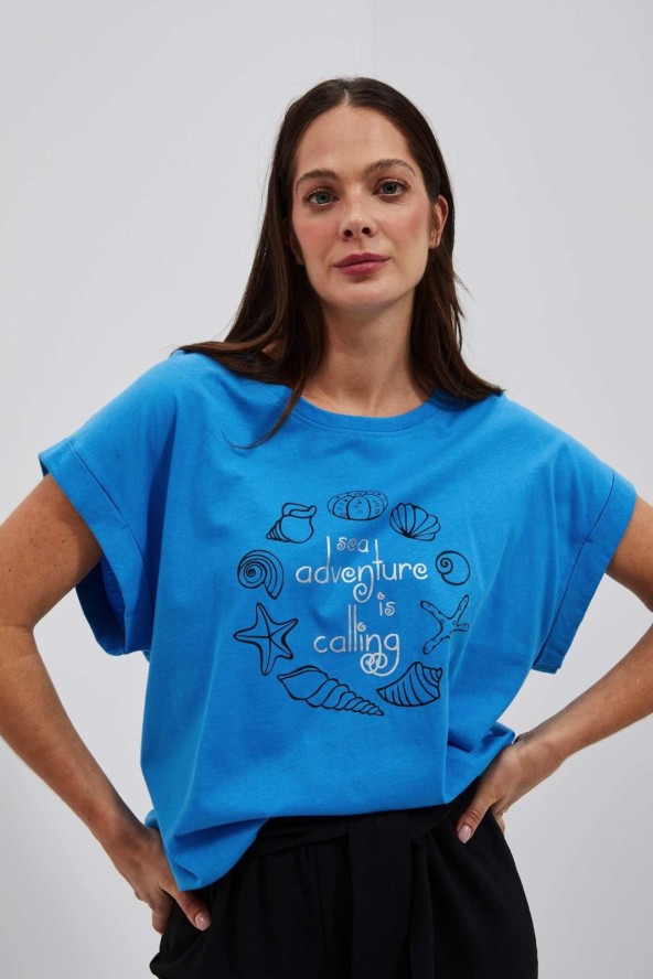 Bawełniany t-shirt z nadrukiem lazurowy