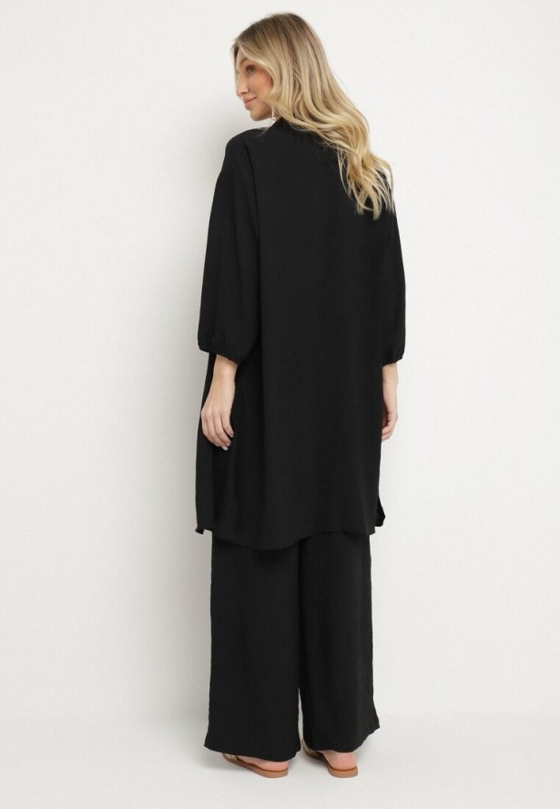 Czarny Komplet Top na Cienkich Ramiączkach Długa Koszula i Luźne Spodnie Adirive