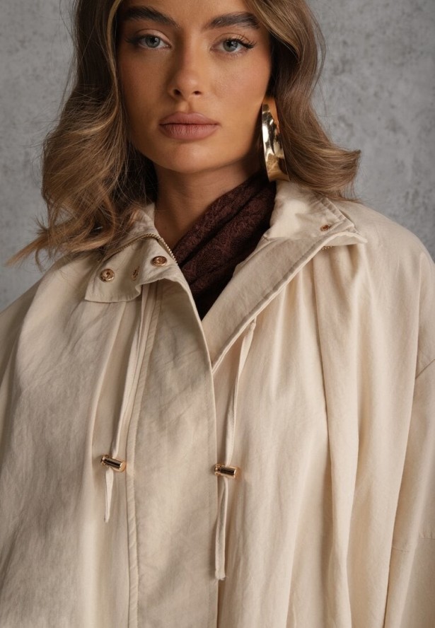 Beżowa Oversizowa Kurtka Przejściowa o Kroju Bombki z Bawełny i Wiskozy Birana