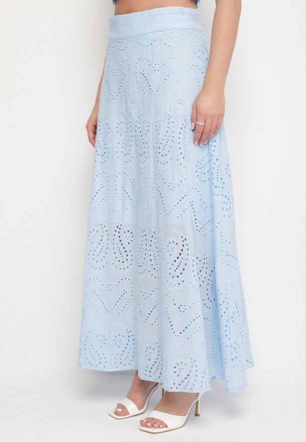 Niebieski Komplet z Ażurowej Tkaniny Zdobionej Haftem Top i Spódnica Saleria