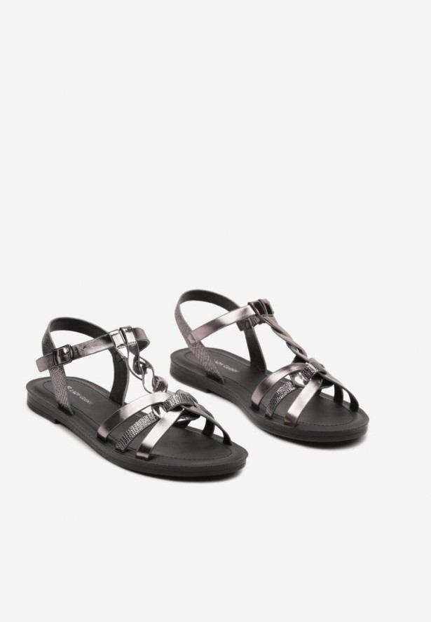 Czarne Płaskie Sandały z Imitacji Skóry Zapinane na Sprzączkę Obianna