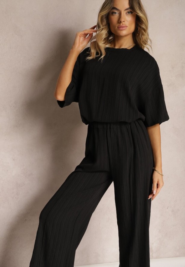 Czarny Oversizowy Komplet z Wiskozą Luźna Bluzka i Proste Spodnie Varlivia