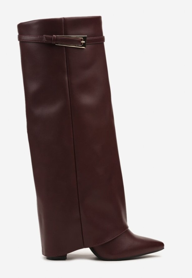 Bordowe Kozaki na Słupku Typu Kowbojki Ozdobione Klamrą i Wywiniętą Cholewką Nalonea