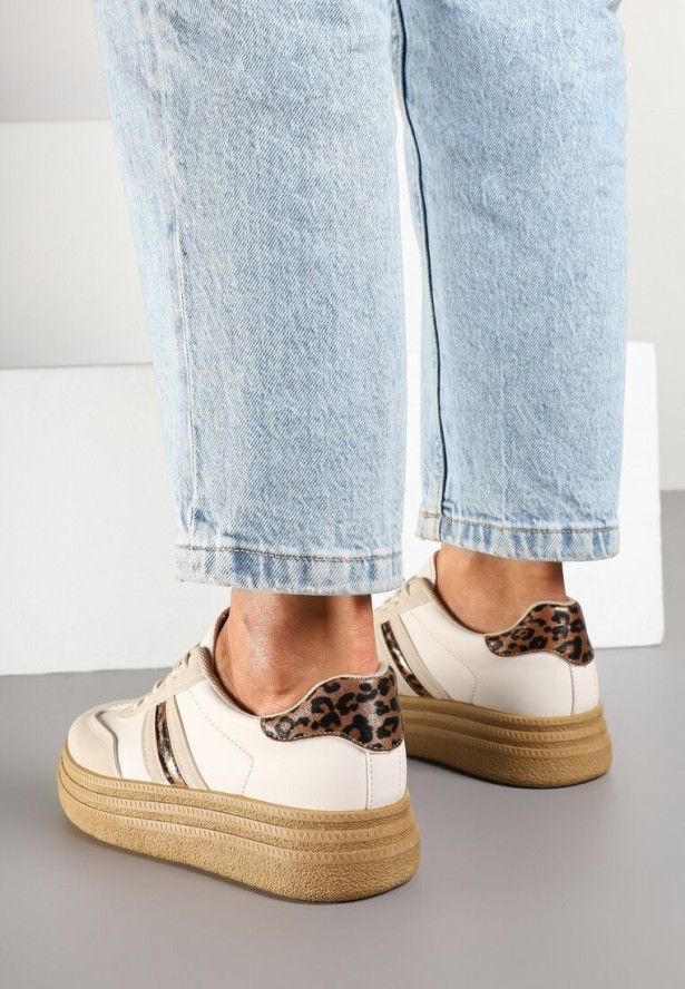 Beżowe Sneakersy Kultowe Tenisówki na Grubej Podeszwie Ozdobione Wzorem w Panterkę Gonelis