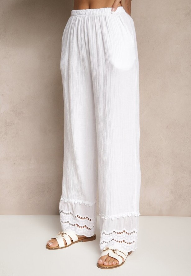 Biały Komplet z Bawełny z Ażurowymi Wstawkami Bluzka z Wiązaniem i Spodnie Jaette