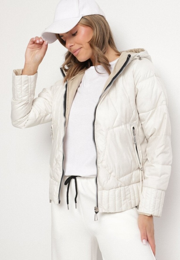 Biała Dwustronna Kurtka Pikowana z Kieszeniami i Kapturem Eralethra