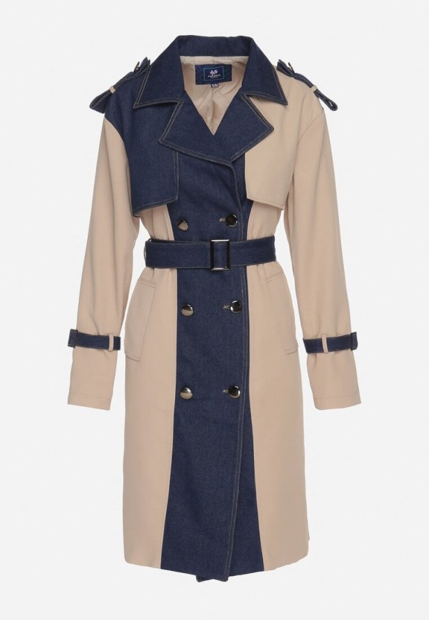 Niebieski Płaszcz Trencz z Bawełną Ozdobiony Jeansowymi Wstawkami Tirsedi