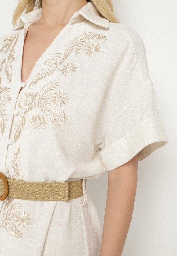 Beżowa Wiskozowa Sukienka Koszulowa z Lnem Zdobiona Haftem i Paskiem Atelinda