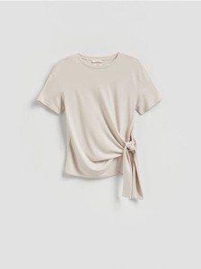 T-shirt z ozdobnym wiązaniem - beżowy