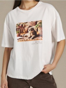 Bawełniana koszulka z nadrukiem - kremowy