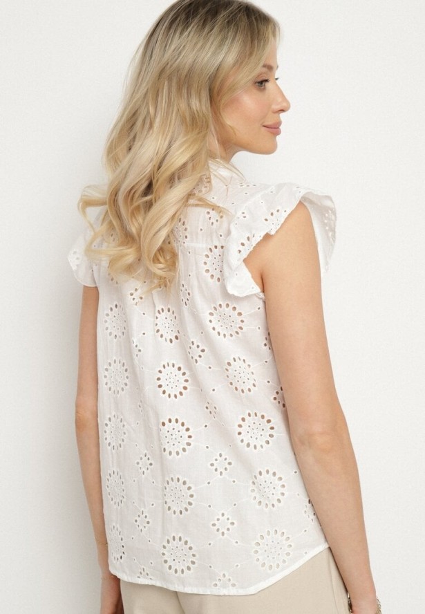Biała Ażurowa Bluzka z Bawełny z Falbankami Emzekia