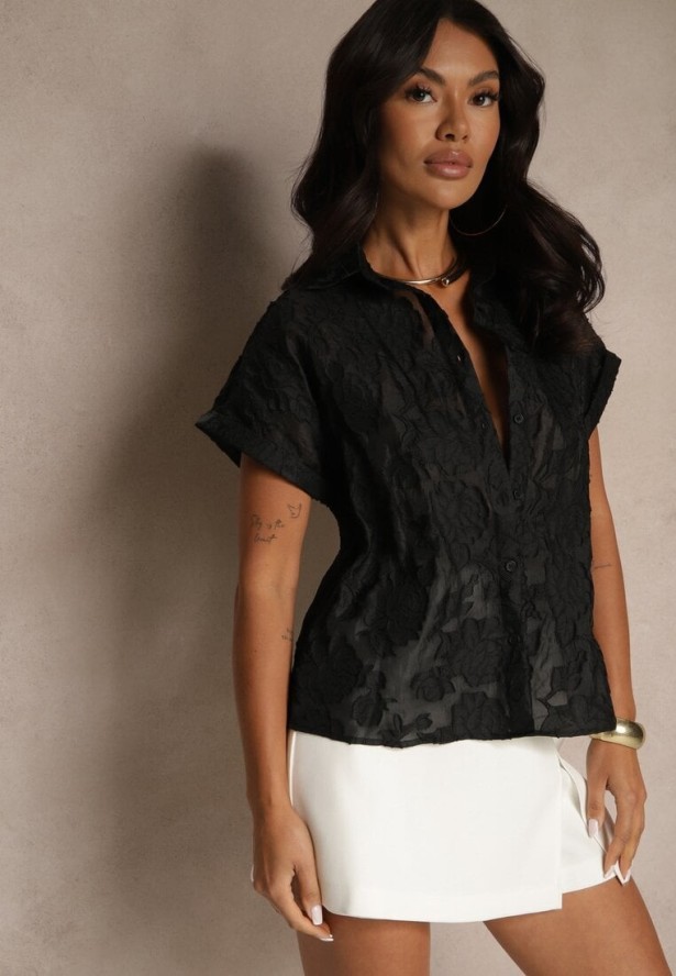 Czarna Koszula z Krótkim Rękawem Zdobiona Kwiatowym Wzorem Frorela