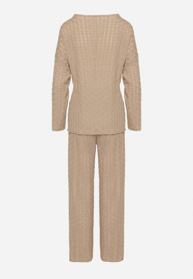 Jasnobrązowy Komplet Szerokie Spodnie i Bluzka z Ozdobnym Wiązaniem Cilinne