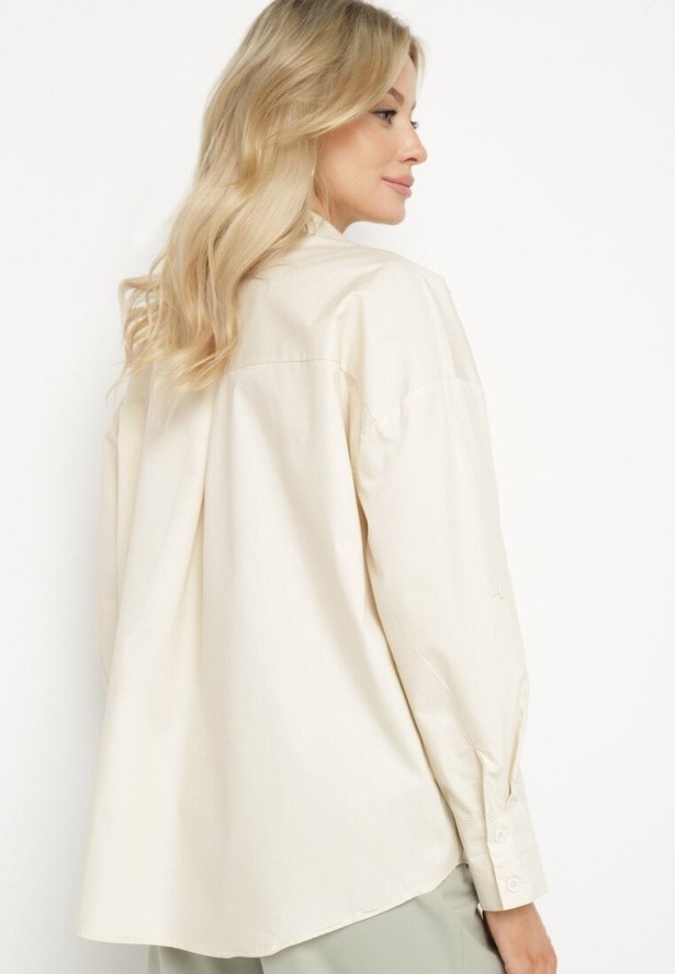 Ciemnobeżowa Bawełniana Koszula z Ażurowym Wzorem i Regulowanymi Rękawami Naloritha