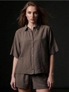 Koszula z krótkim rękawem i kołnierzykiem z modalem - brązowy