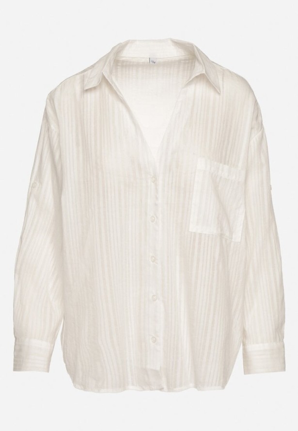 Biała Koszula Bawełniana w Paski z Kieszonką Lialune