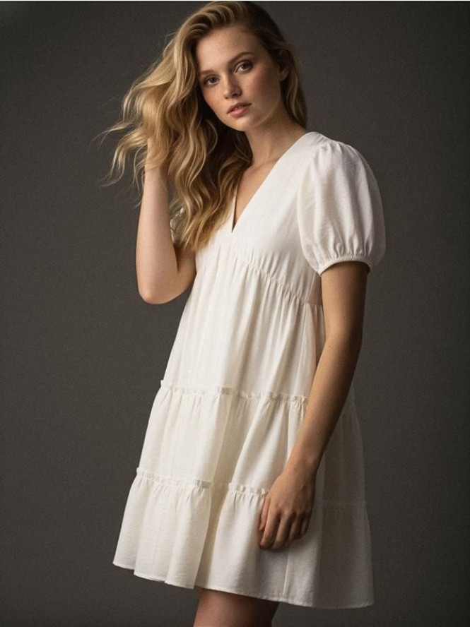 Sukienka mini z wiskozą z domieszką lnu - biały