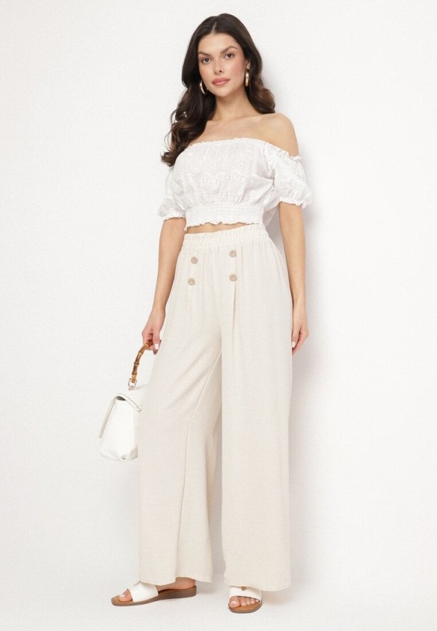 Jasnobeżowe Szerokie Spodnie z Bawełną Wysokim Stanem i Guzikami Avelritia