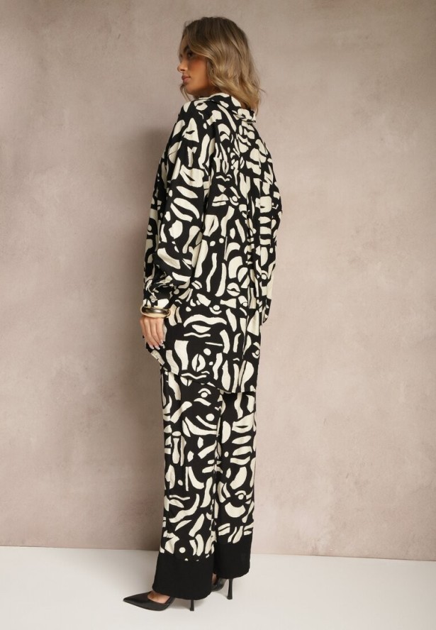 Czarny Komplet z Lnu i Wiskozy Koszula i Spodnie z Abstrakcyjnym Wzorem Paliris