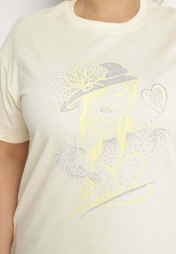 Jasnożółty T-shirt z Bawełny z Cyrkoniowym Nadrukiem Sovtebia