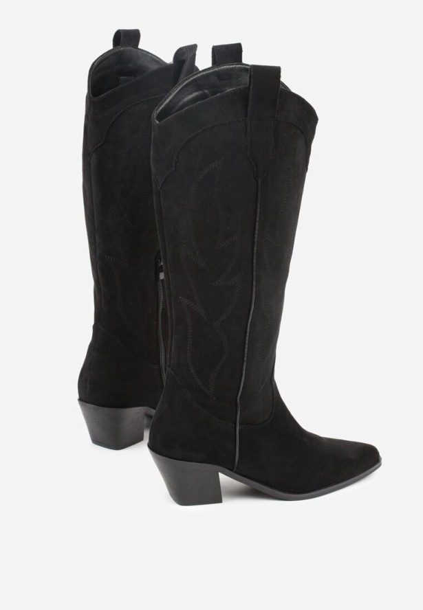 Czarne Kozaki Kowbojki na Stożku z Haftem na Cholewce Gallessa