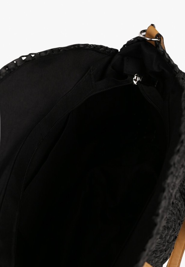 Czarna Pleciona Okrągła Torebka Shopperka z Długimi Rączkami i Paskiem Acelema