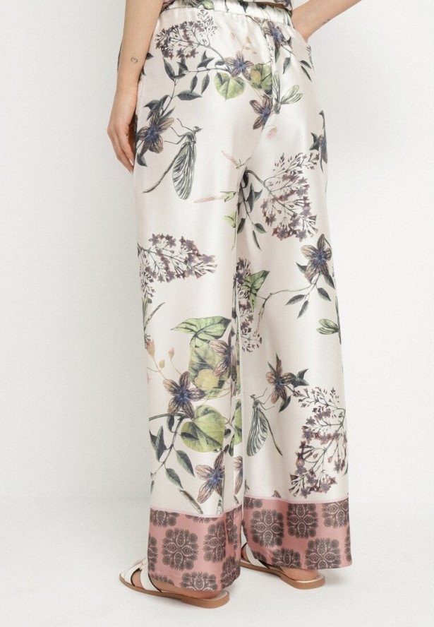 Beżowe Szerokie Spodnie z Wiskozą i Wysokim Stanem w Kwiaty Daviera