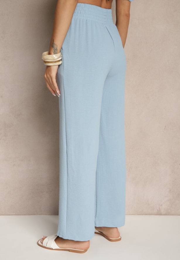 Jasnoniebieskie Szerokie Spodnie High Waist z Gumką w Pasie Savimirae