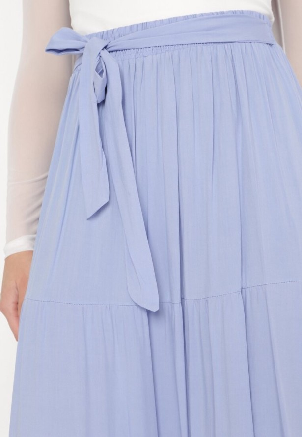 Jasnoniebieska Wiskozowa Spódnica Maxi Rozkloszowana z Paskami Saosa
