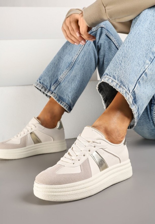 Beżowo-Złote Sznurowane Sneakersy na Grubej Podeszwie z Geometrycznym Motywem Melmi