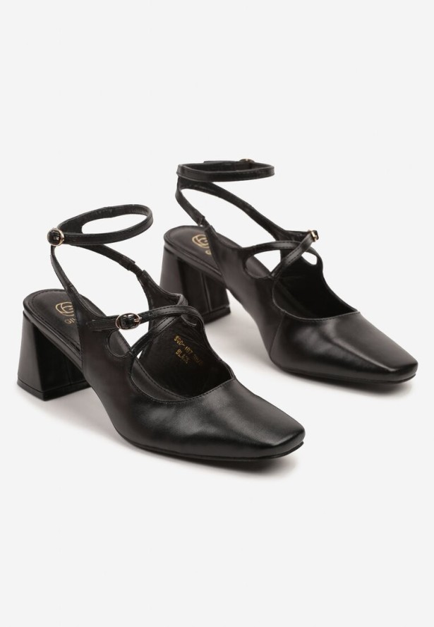 Czarne Sandały na Obcasie w Stylu Retro Mary Jane z Ozdobnymi Paskami Zenozi