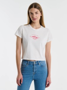 Krótka koszulka damska z nadrukiem biała Nottasa 100